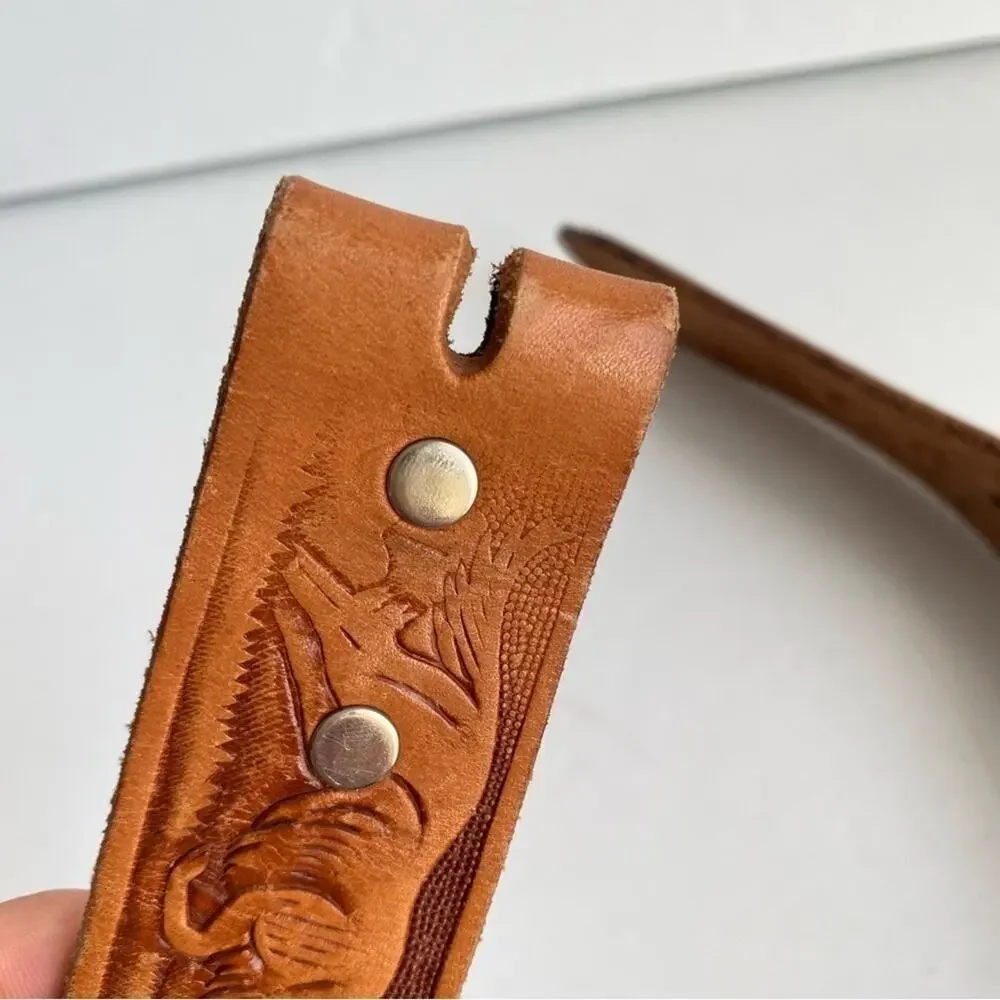 Vintage Tooled Leather Belt Hunting Dog Brown Western ERICA Womens Girls 26‎ XS